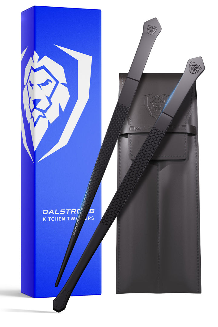 Dalstrong 10.5 inch straight wide tip 2 piece plating tweezers set in front of it's premium packaging.