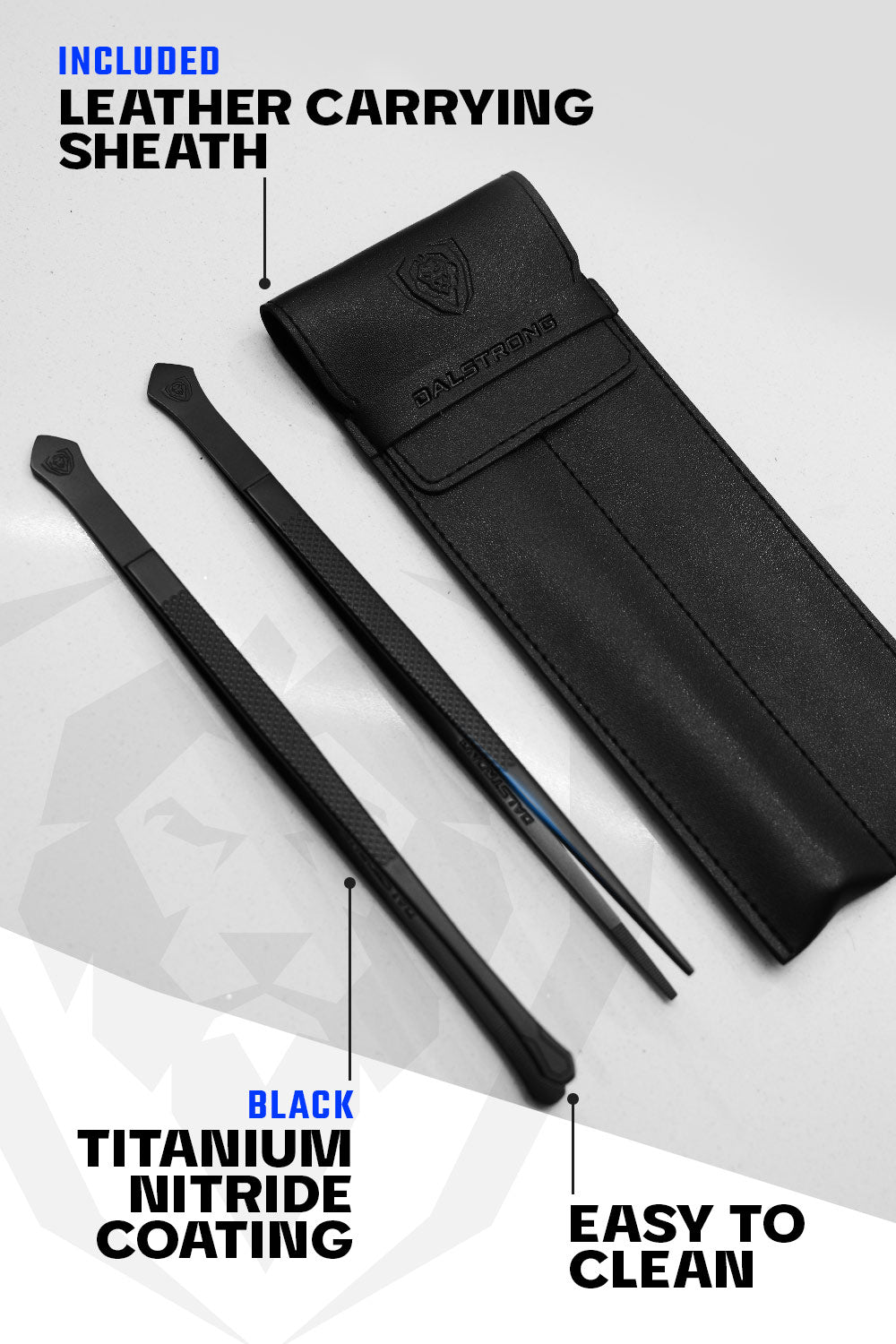 Dalstrong 10.5 inch straight wide tip 2 piece plating tweezers set showcasing it's leather carrying sheath.