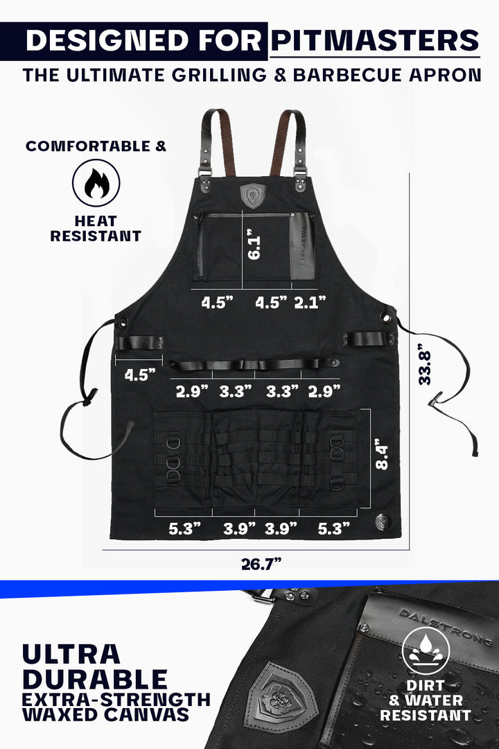 Dalstrong heavy-duty waxed canvas bbq apron featuring it's comfortable and durable design.