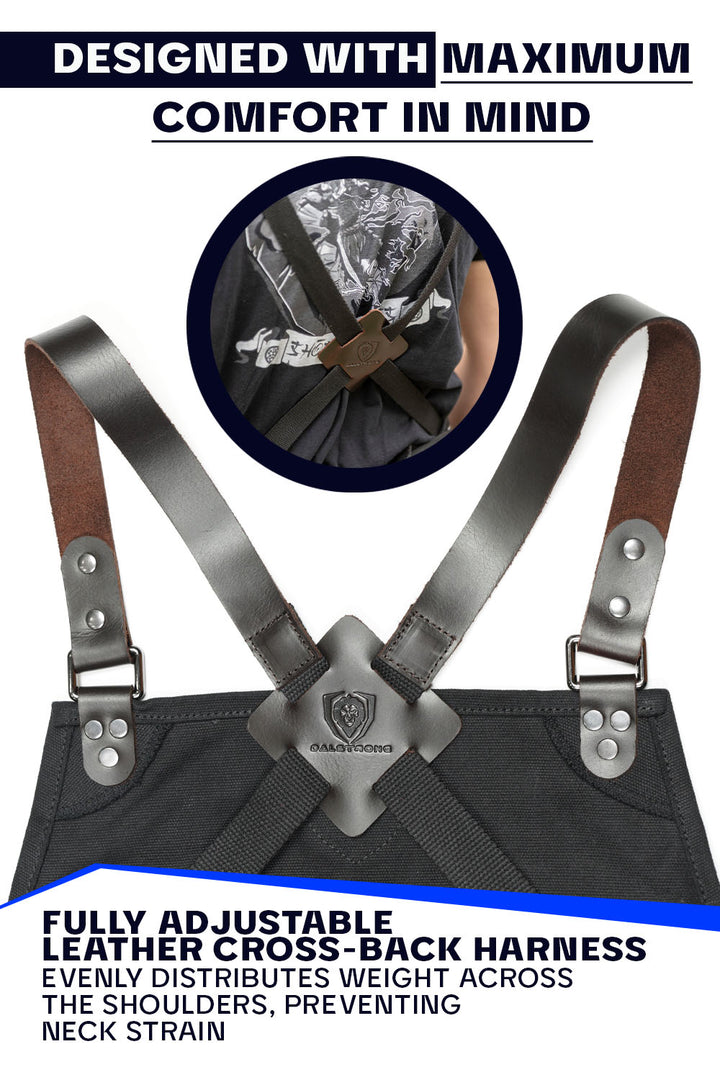 Dalstrong heavy-duty waxed canvas bbq apron showcasing it's comfortable fully adjustable leather cross-back harness.