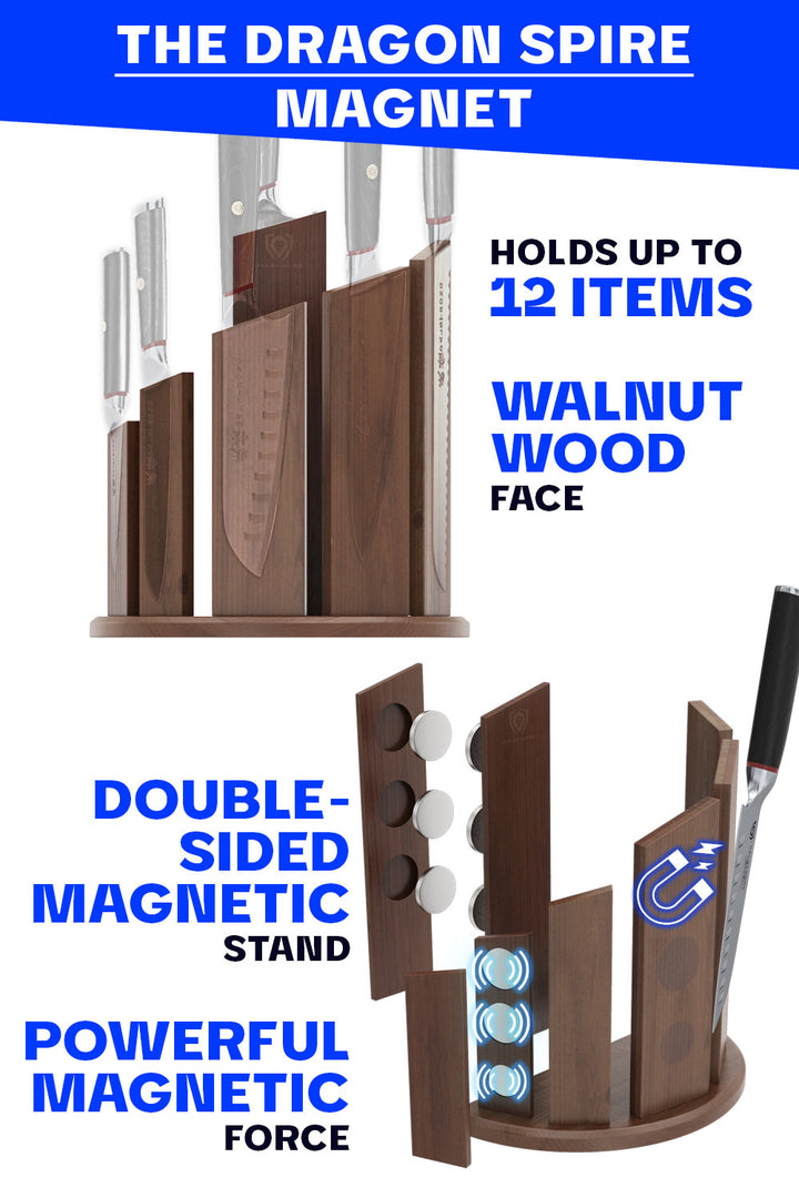 Dalstrong dragon spire magnetic knife block showcasing it's double sided magnetic stand.