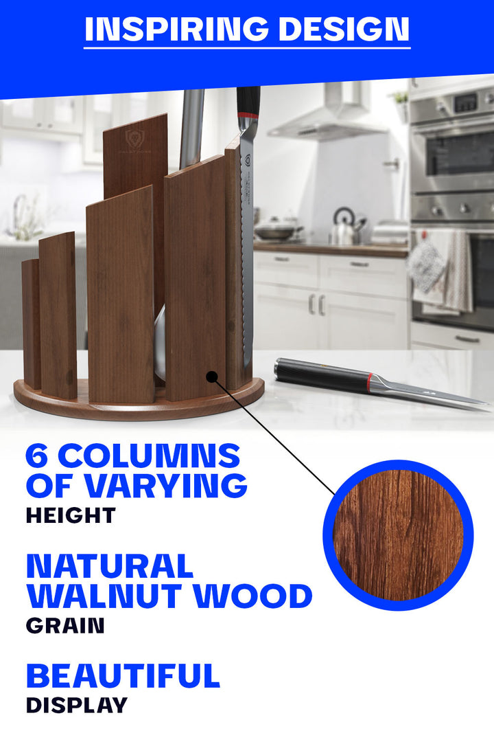Dalstrong dragon spire magnetic knife block featuring it's natural walnut wood inspiring design.