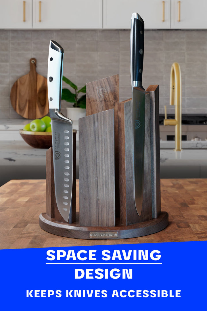 Dalstrong dragon spire magnetic knife block showcasing it's space saving design.