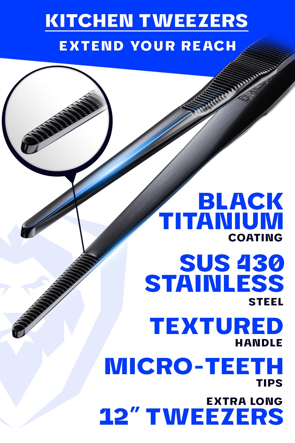 Dalstrong black titanium coated 12 inch professional tweezers featuring it's extra long stanless steel tweezers.