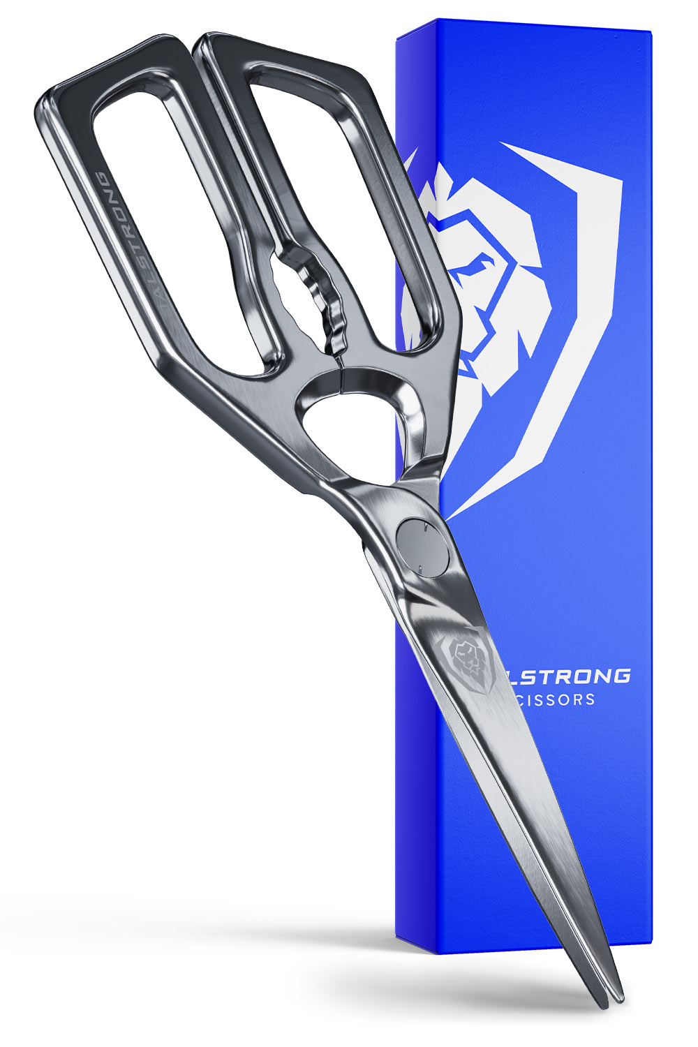 Dalstrong professional kitchen scissors in front of it's premium packaging.