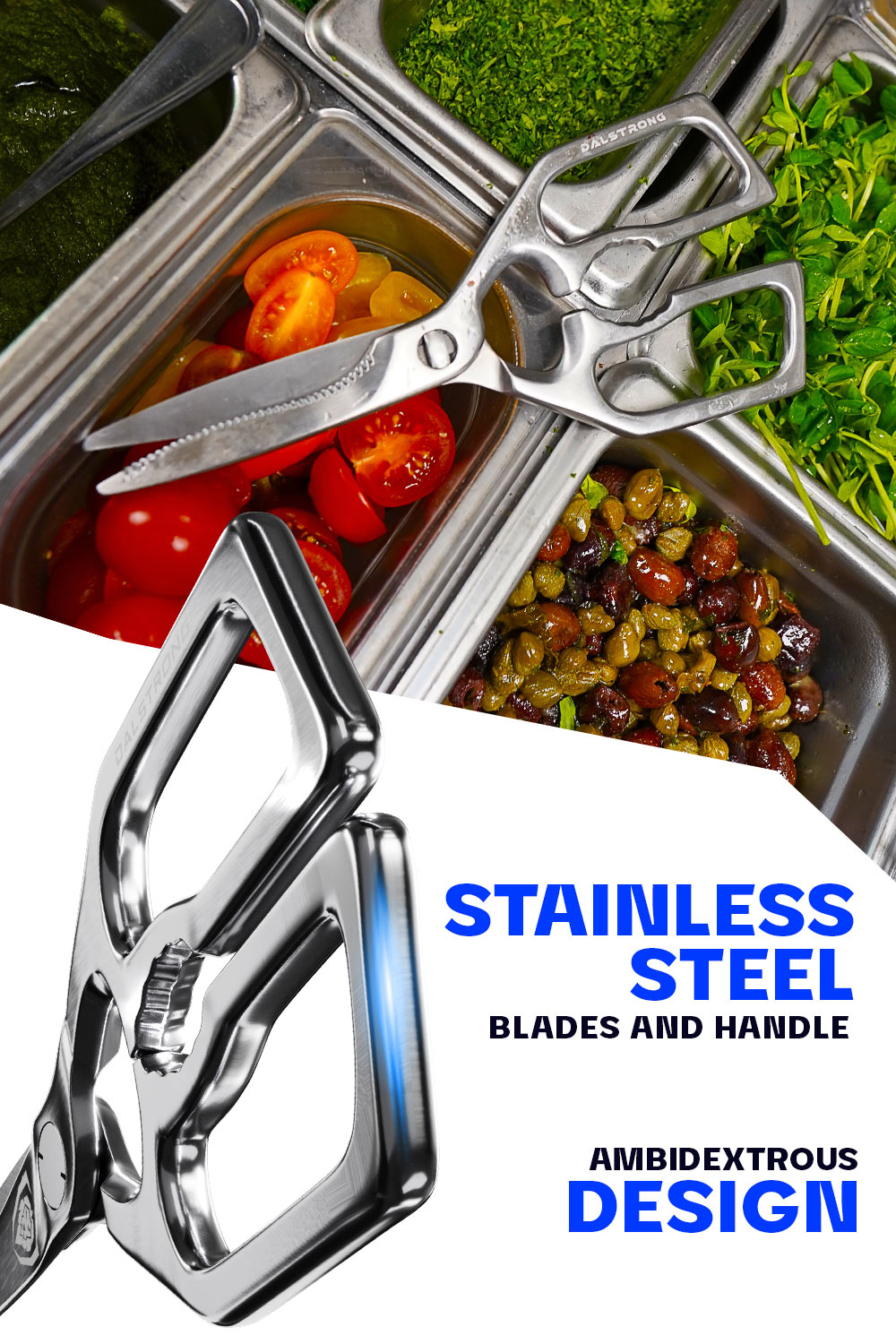 Dalstrong professional kitchen scissors showcasing featuring it's stainless steel blades and handle.