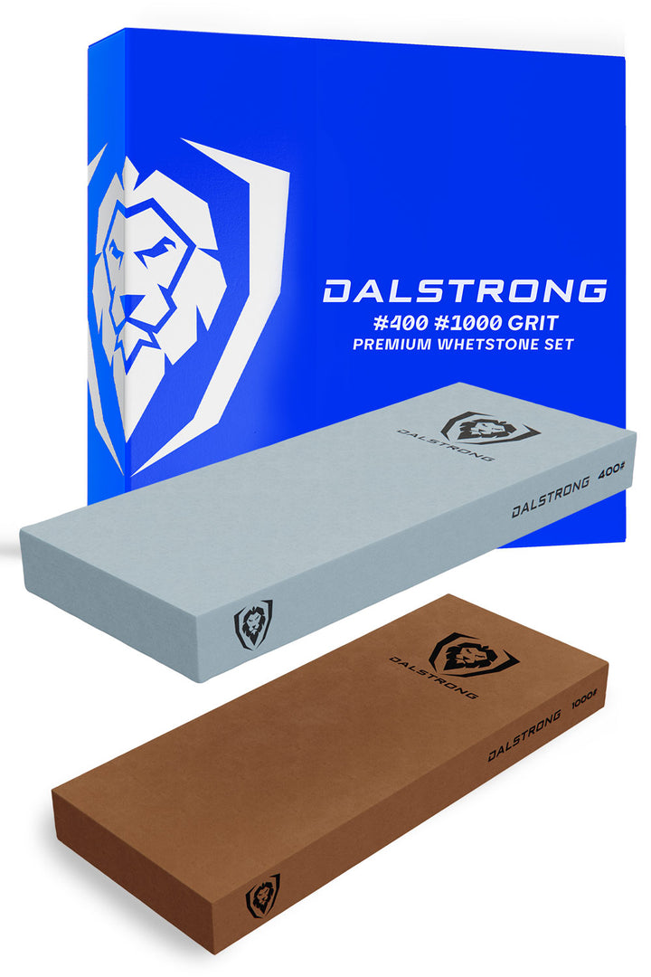 Dalstrong #400/#1000 grit premium whetstone set in front of it's premium packaging.