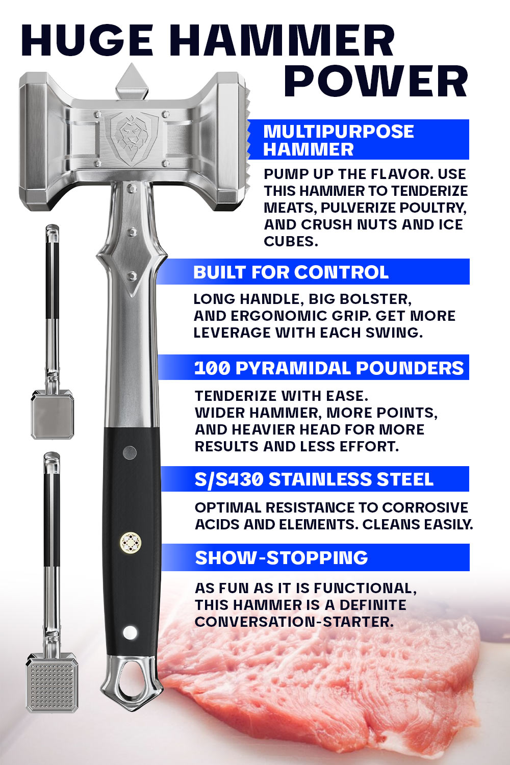 8.9''Steak Mallet Meat Tenderizer Hammer Dual-Sided Heavy Duty Meat Pounder  Tool