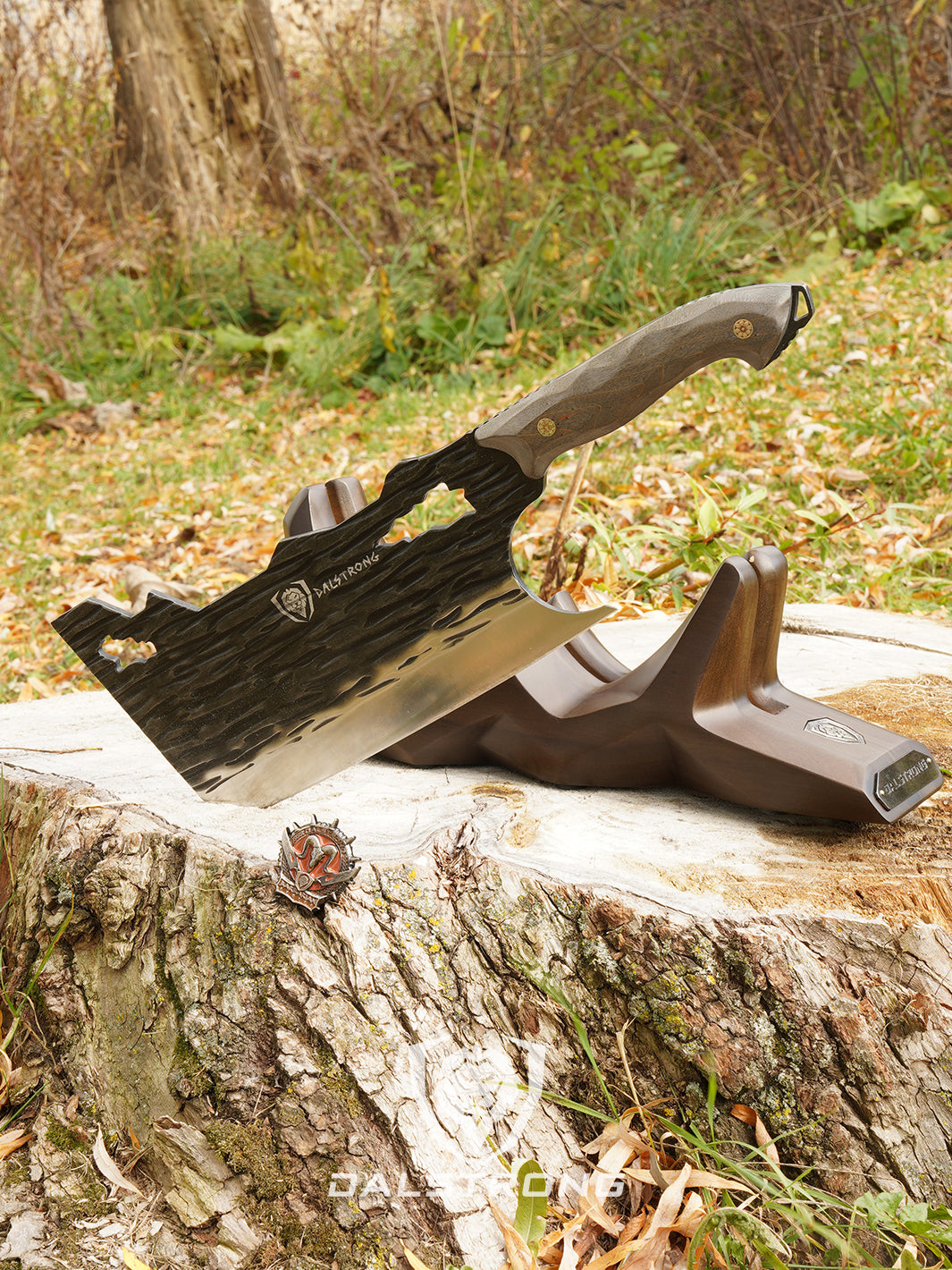 Dalstrong barbarian series obliterator cleaver knife with it's stand beside it.