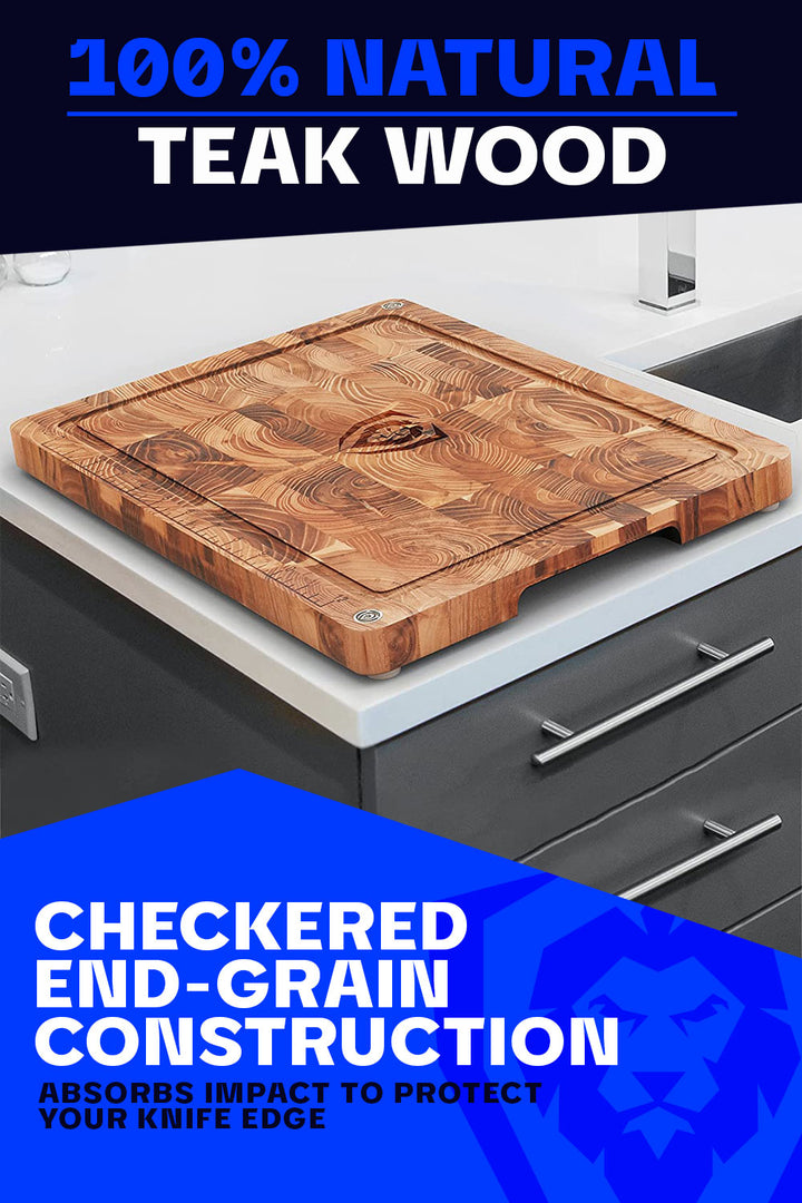 Dalstrong teak cutting board medium size featuring it's natural teak wood.