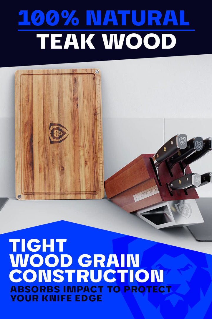 Dalstrong horizontal grain teak cutting board featuring it's natural teak wood.