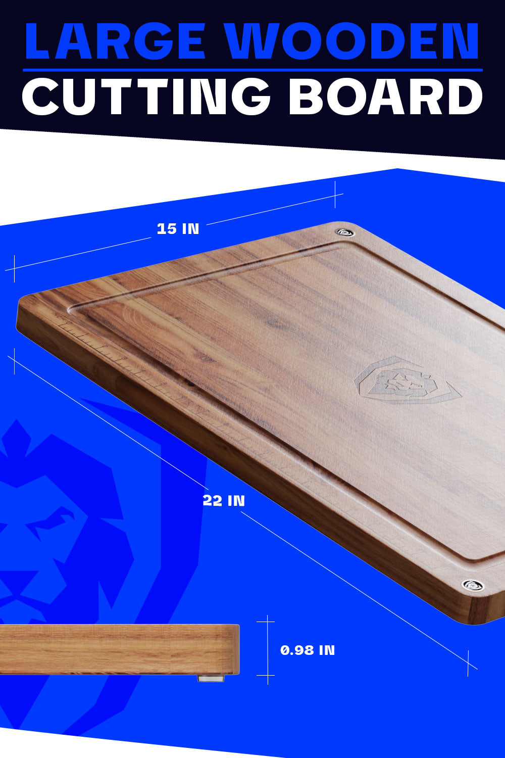 Dalstrong horizontal grain teak cutting board showcasing it's size.