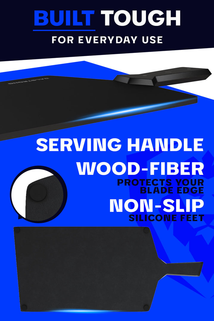 Dalstrong infinity series fibre cutting board showcasing it's toughness and handle.