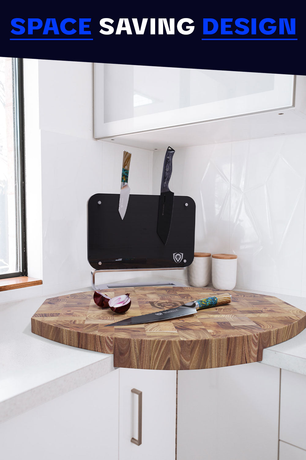 Dalstrong corner cutting board featuring it's space saving design.
