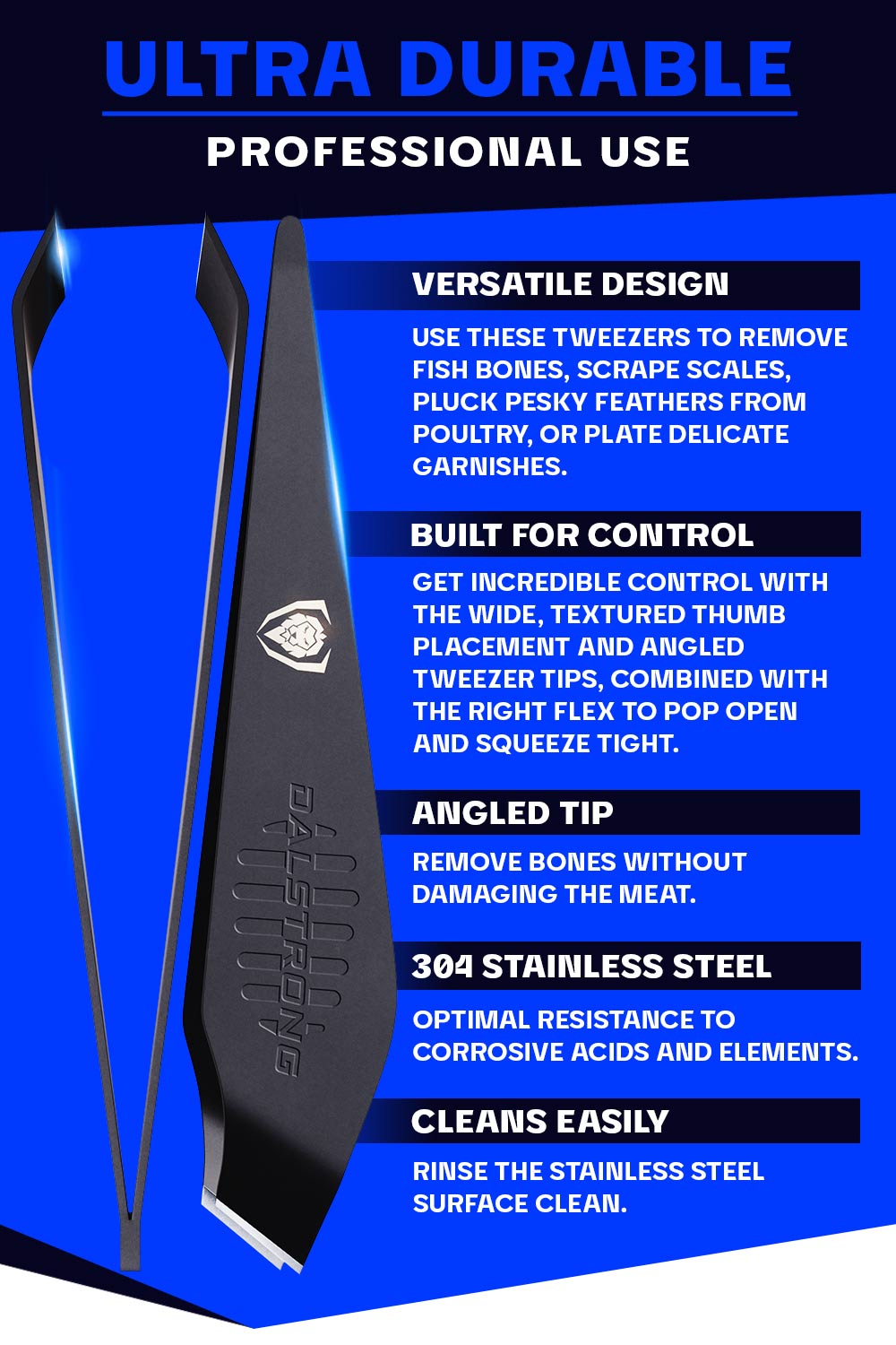 Dalstrong professional fish tweezers with black coating specification.