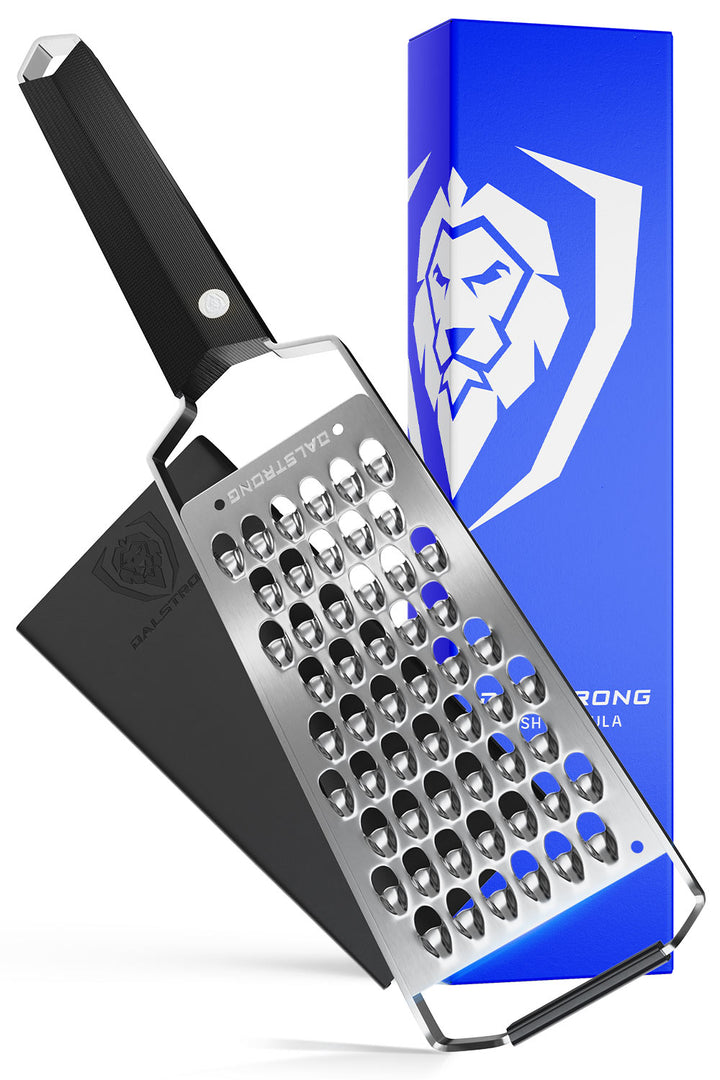 Dalstrong professional extra coarse wide cheese grater in front of it's premium packaging.