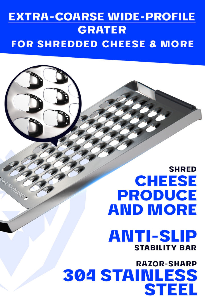 Dalstrong professional extra coarse wide cheese grater featuring it's stainless steel gater.