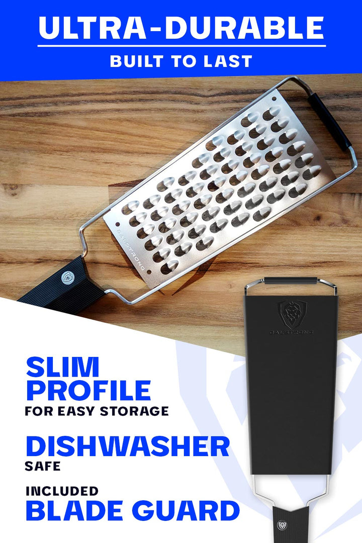 Dalstrong professional extra coarse wide cheese grater featuring it's ultra durable and slim design.