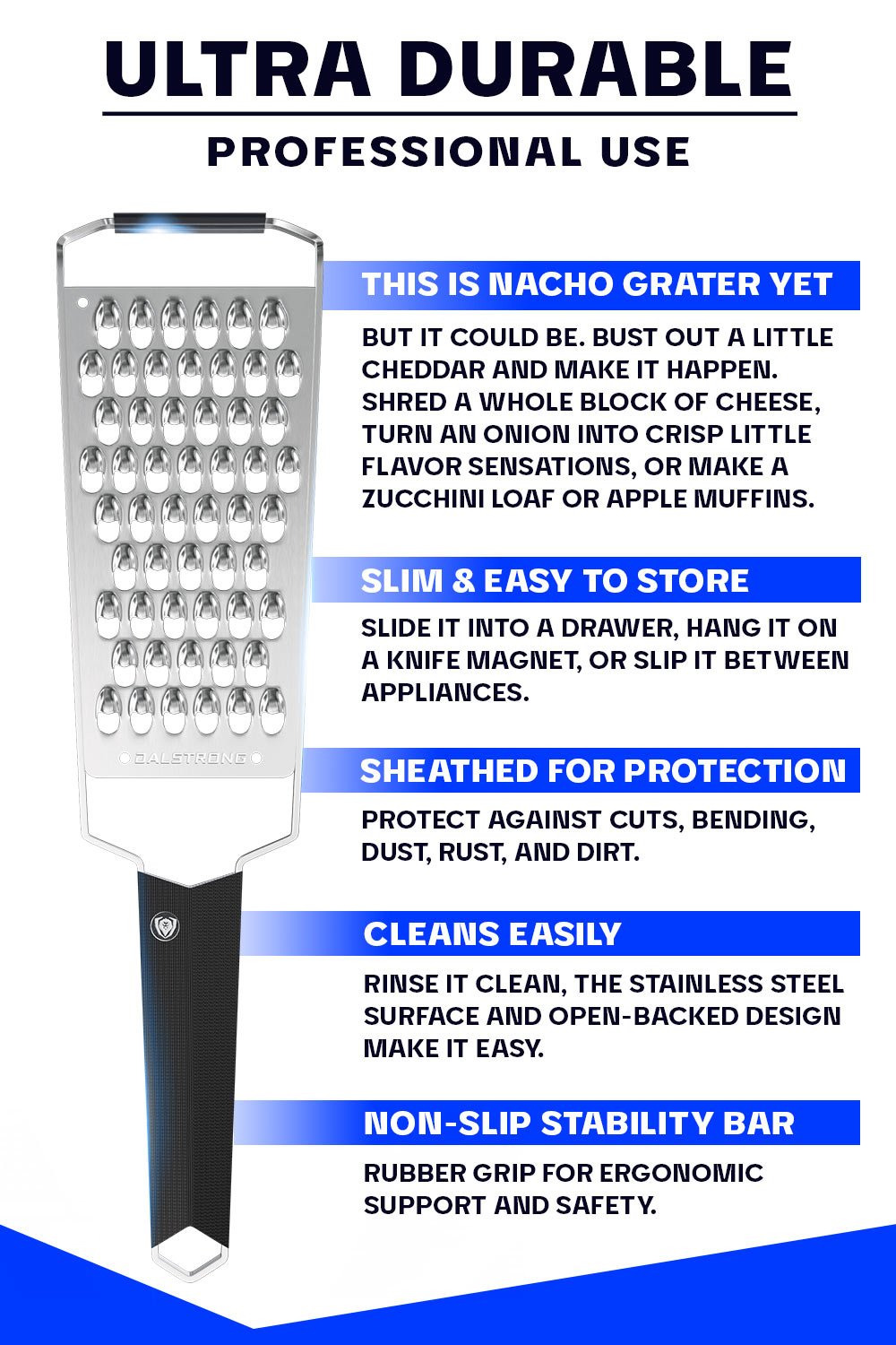 Dalstrong professional extra coarse wide cheese grater with black handle specification.
