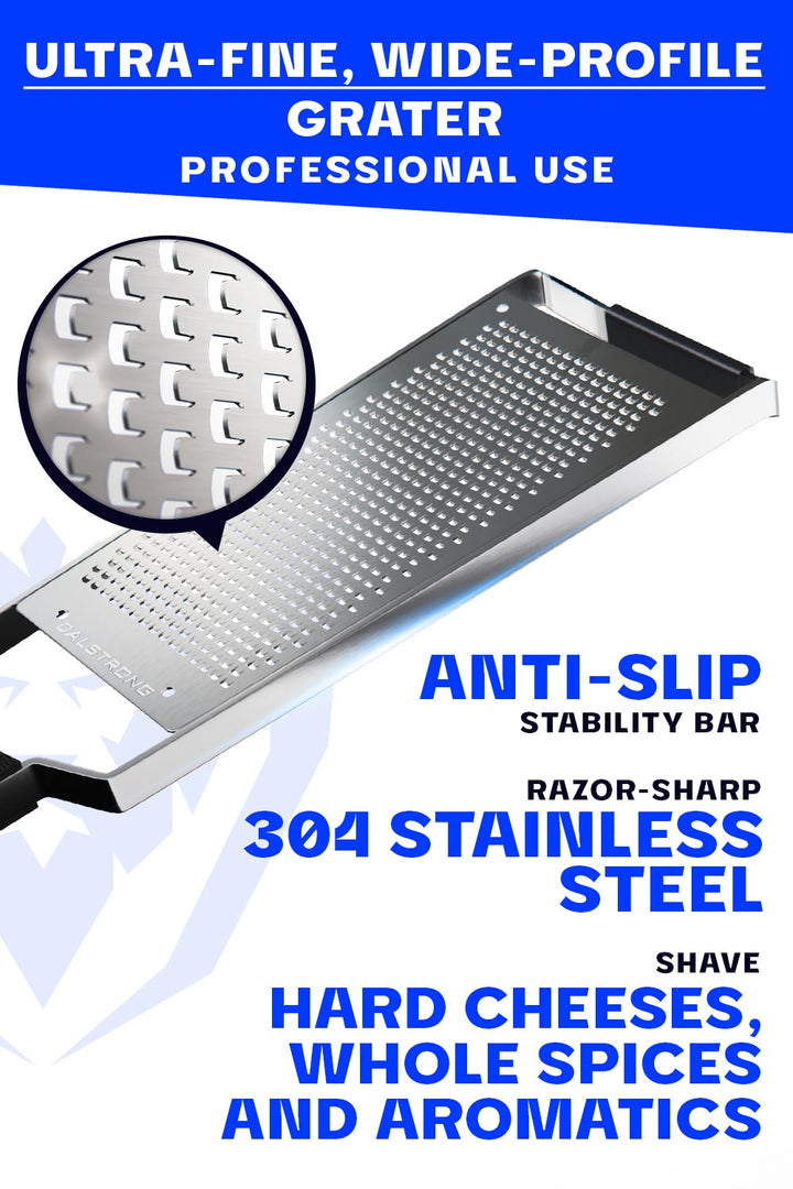 Dalstrong professional fine wide cheese grater featuring ultra fine wide stainless steel grater.