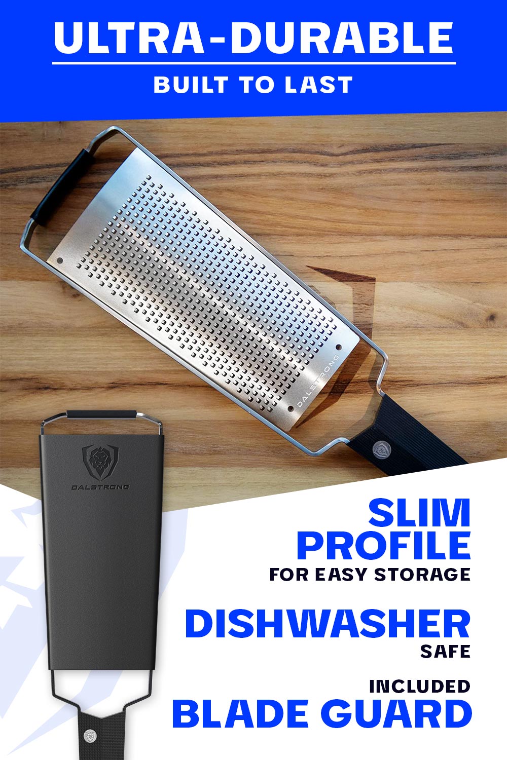 Dalstrong professional fine wide cheese grater featuring it's ultra durable and slim design.