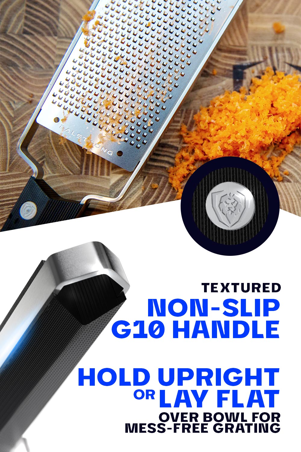 Dalstrong professional fine wide cheese grater showcasing it's non-slip G10 black handle.