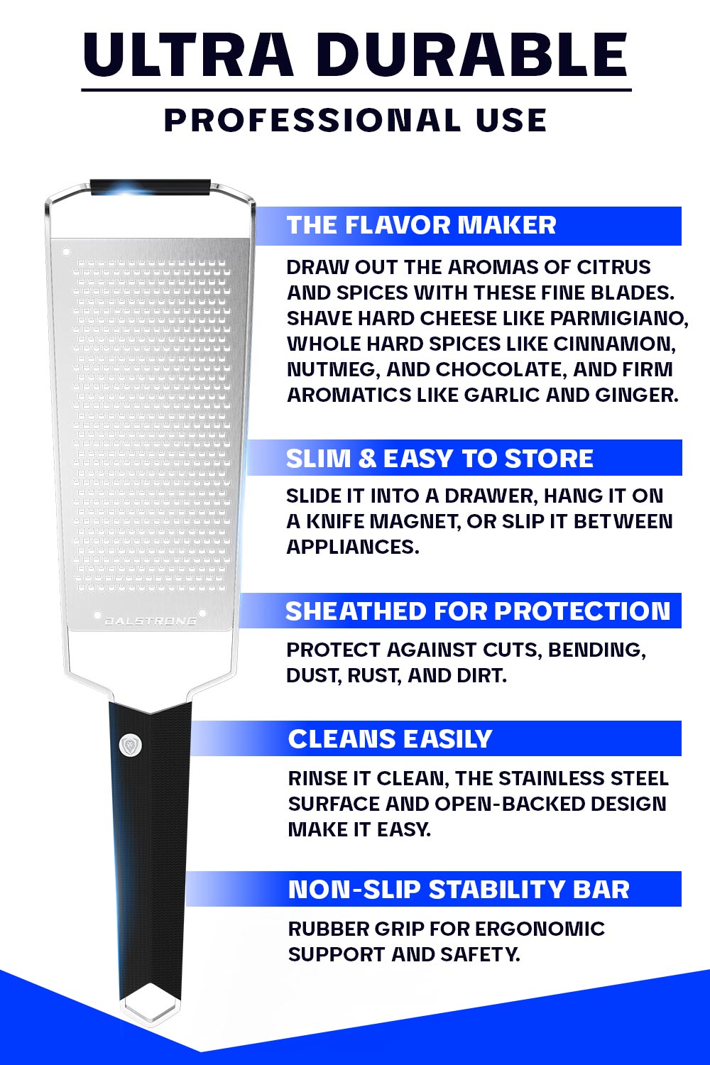 Dalstrong professional fine wide cheese grater with black handle specification.