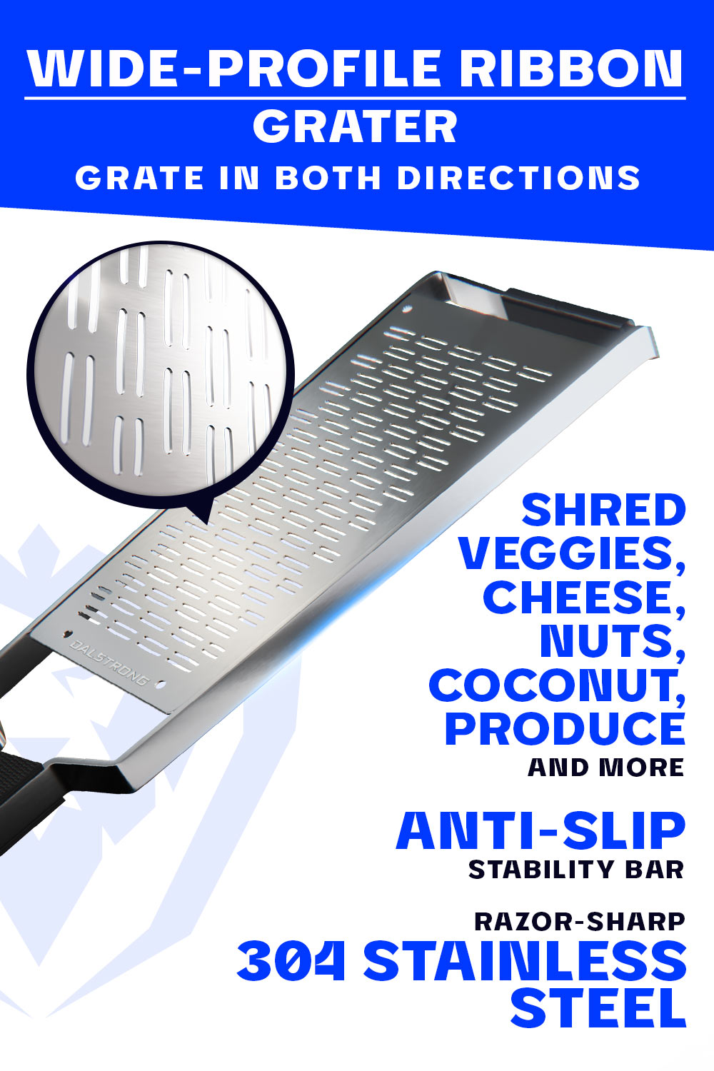 Dalstrong professional ribbon wide cheese grater featuring it's stainless steel wide ribbon grater.
