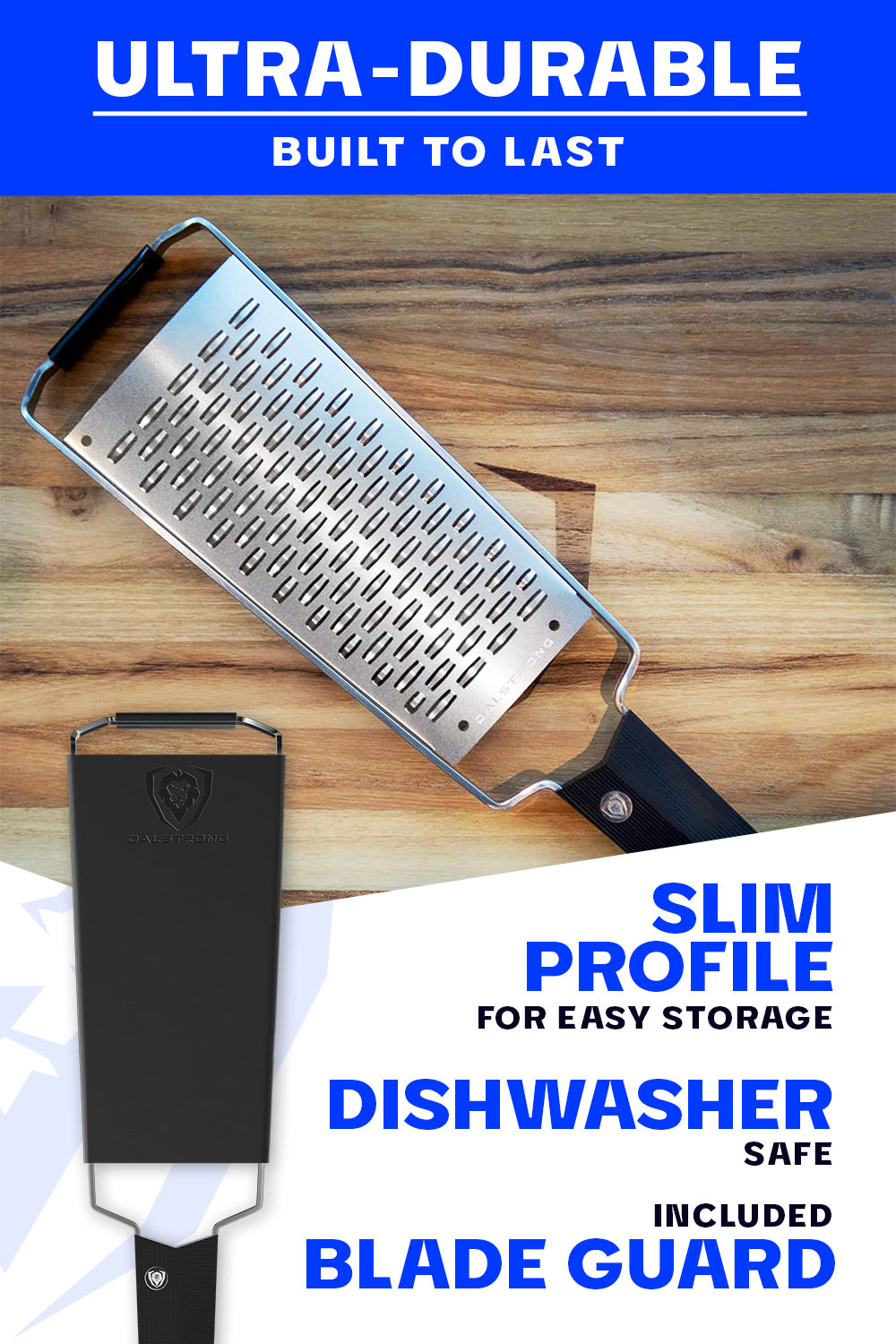 Dalstrong professional ribbon wide cheese grater featuring it's ultra durable and slim design.