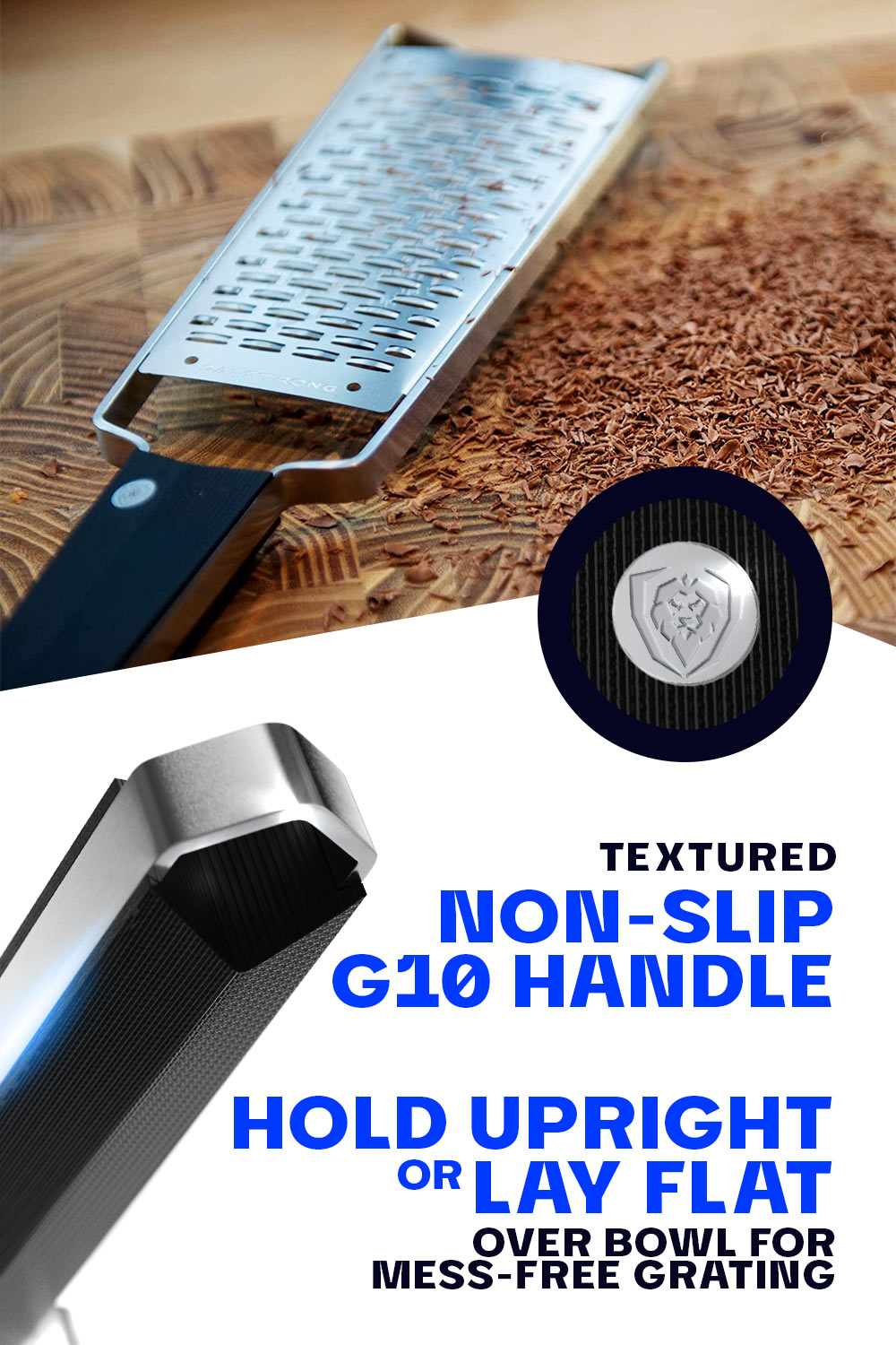 Dalstrong professional ribbon wide cheese grater showcasing it's non-slip G10 handle.