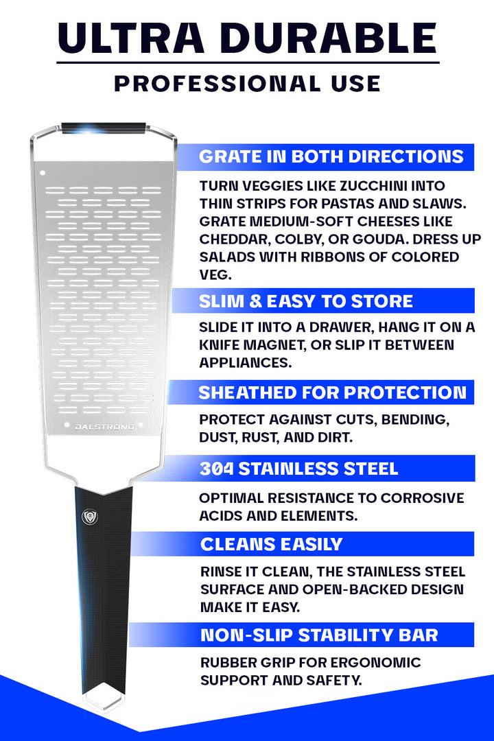 Dalstrong professional ribbon wide cheese grater with black handle specification.