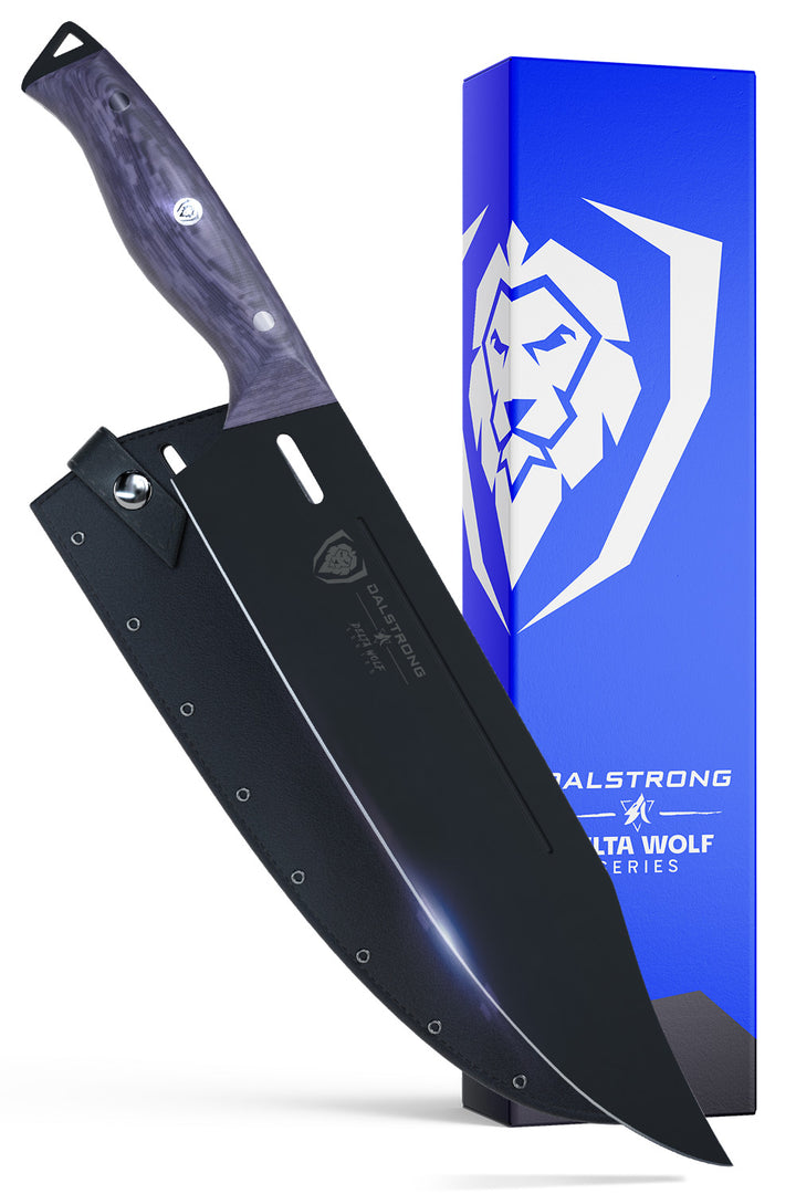 Dalstrong delta wolf series 10 inch chef knife in front of it's premium packaging.