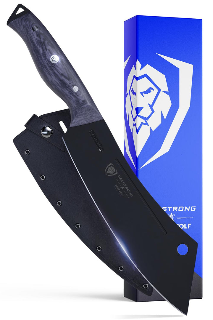 Dalstrong delta wolf series 8 inch crixus cleaver knife in front of it's premium packaging.