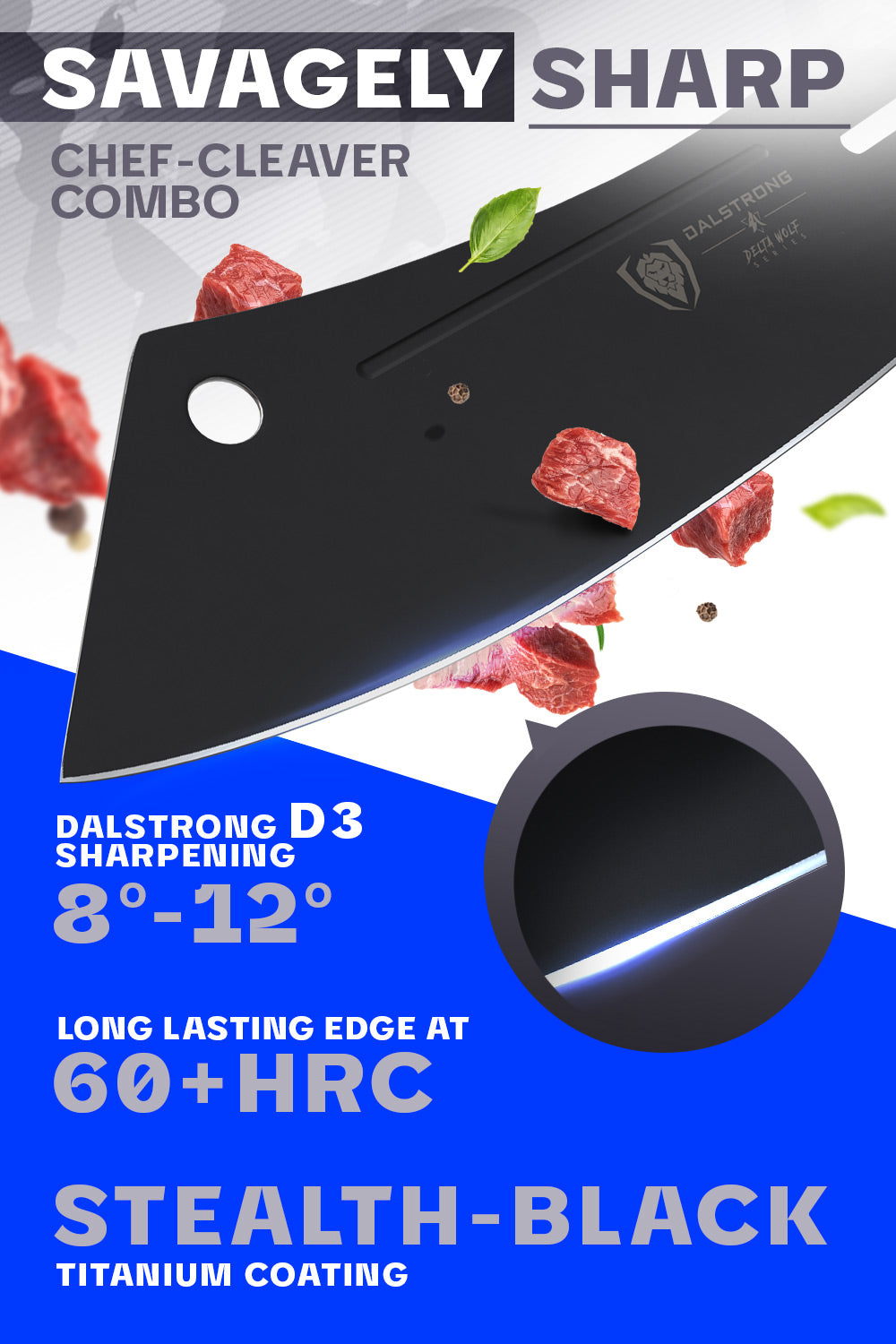 Dalstrong delta wolf series 8 inch crixus cleaver knife featuring it's razor sharp blade.