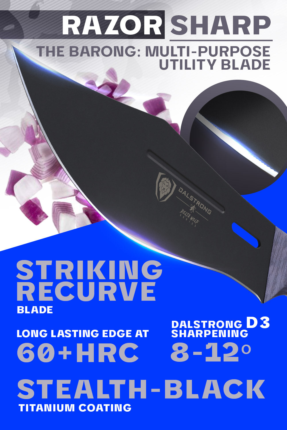 Dalstrong delta wolf series 7 inch barong chef knife featuring it's razor sharp black blade.