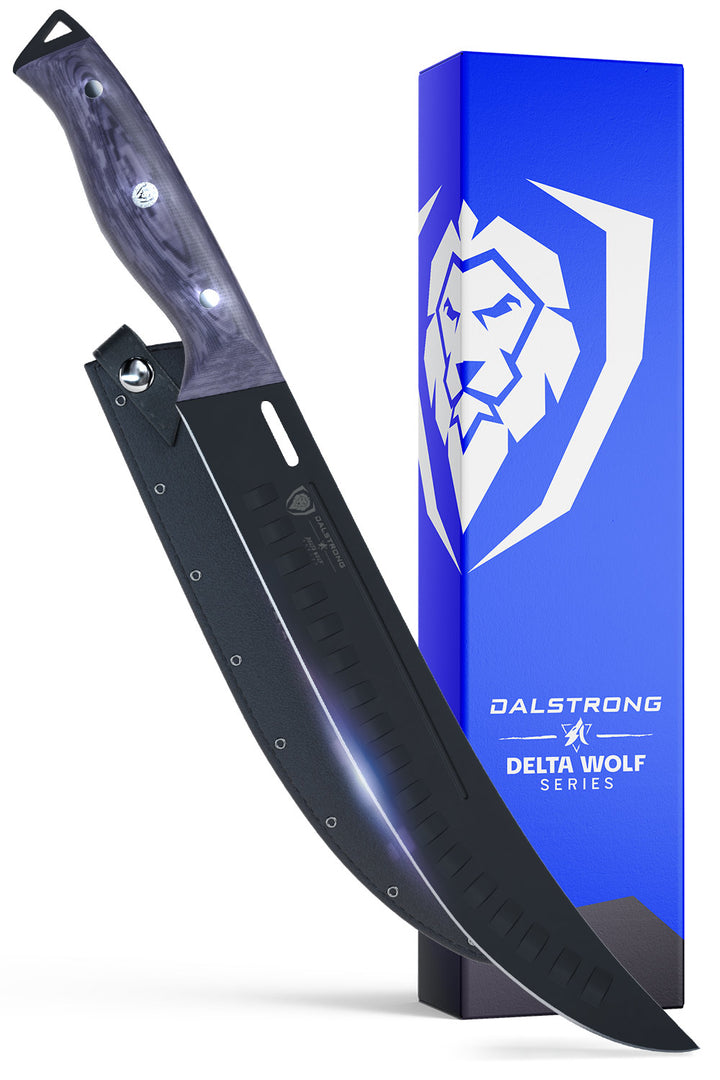 Dalstrong delta wolf series 10 inch butcher breaking knife in front of it's premium packaging.