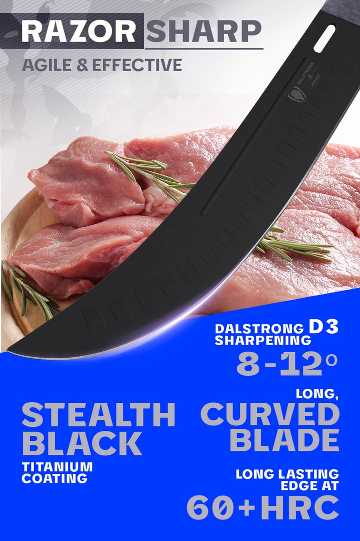 Dalstrong delta wolf series 10 inch butcher breaking knife featuring it's razor sharp long curved blade.
