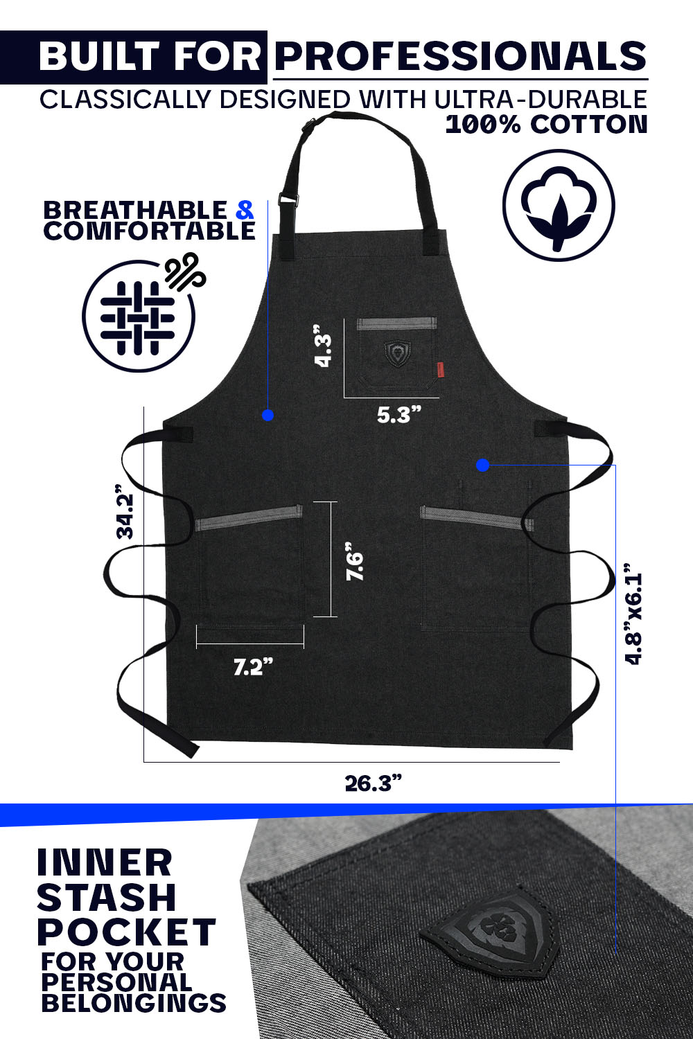 Dalstrong the night rider professional chef's kitchen apron featuring it's durable cotton and inner stash pocket.