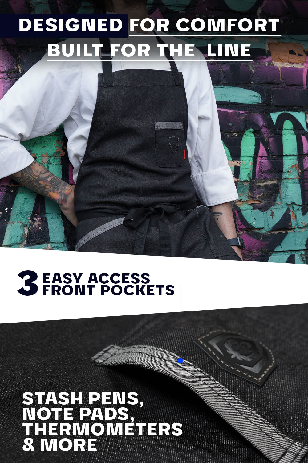 Dalstrong the night rider professional chef's kitchen apron showcasing it's comfortable design.