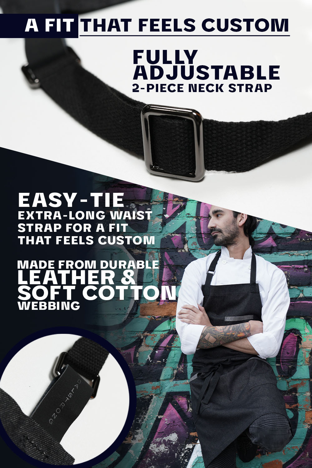 Dalstrong the night rider professional chef's kitchen apron featuring it's leather and soft cotton strap.