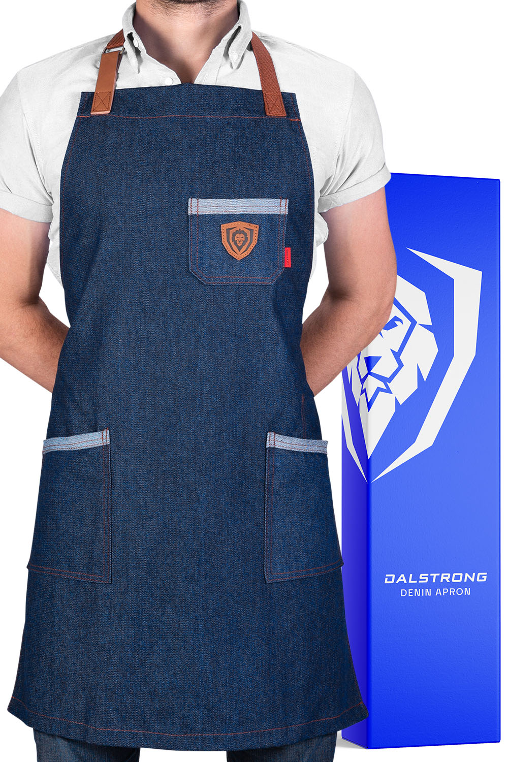 Dalstrong american legend blue denim professional chef's kitchen apron in front of it's premium packaging.