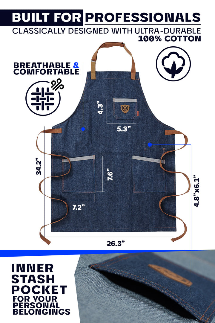 Dalstrong american legend blue denim professional chef's kitchen apron specification.