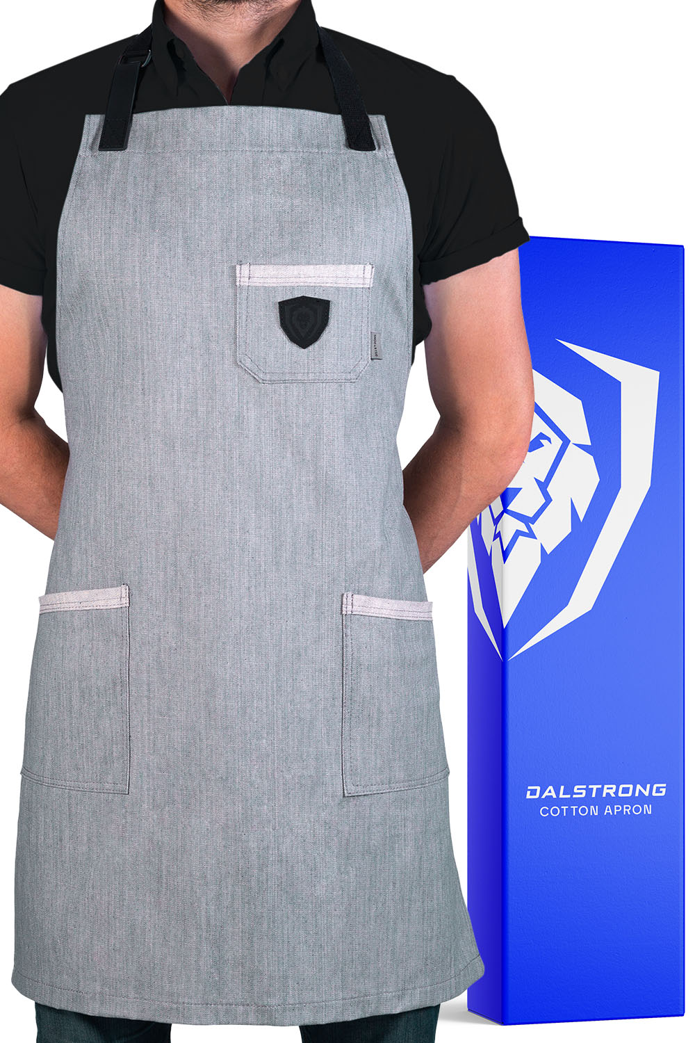 Dalstrong the gandalf professional chef's kitchen apron in front of it's prremium packaging.