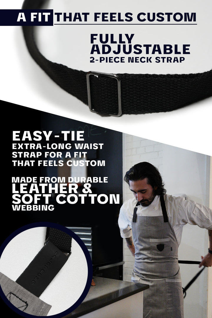 Dalstrong the gandalf professional chef's kitchen apron showcasing it's fully adjustable leather and soft cotton tie.