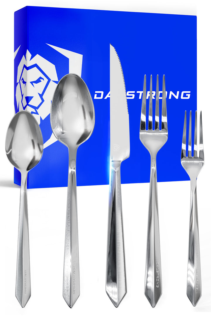 Dalstrong 20 piece flatware cutlery set silver stainless steel service for 4 in front of it's premium packaging.