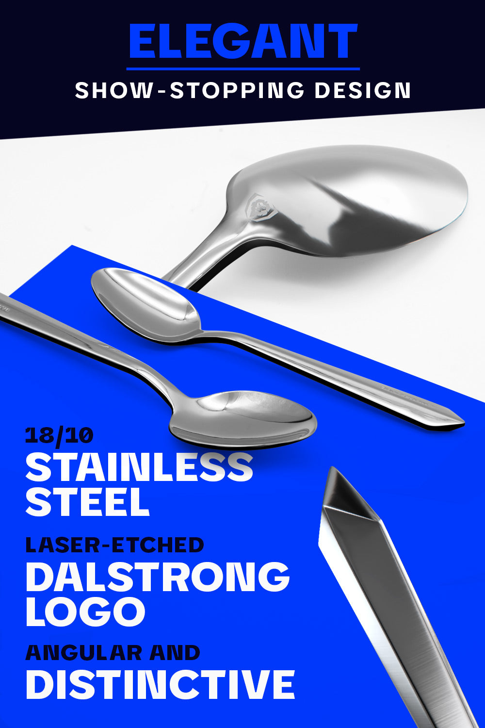 Dalstrong 20 piece flatware cutlery set silver stainless steel service for 4 showcasing it's elegant and show stopping design.