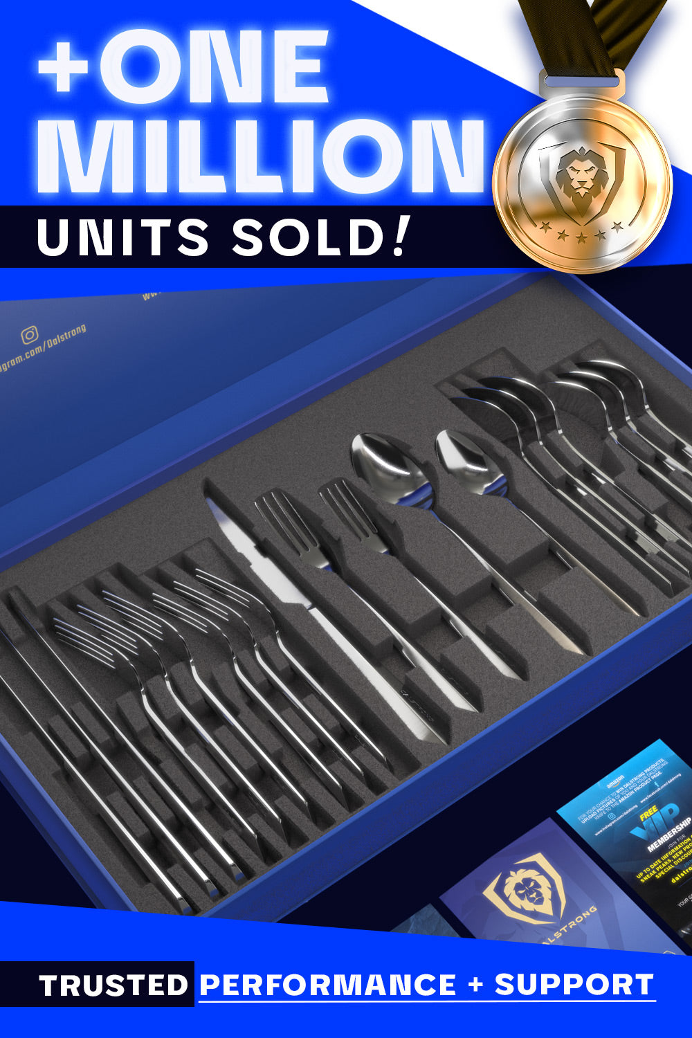 Dalstrong 20 piece flatware cutlery set silver stainless steel service for 4 inside it's premium packaging.