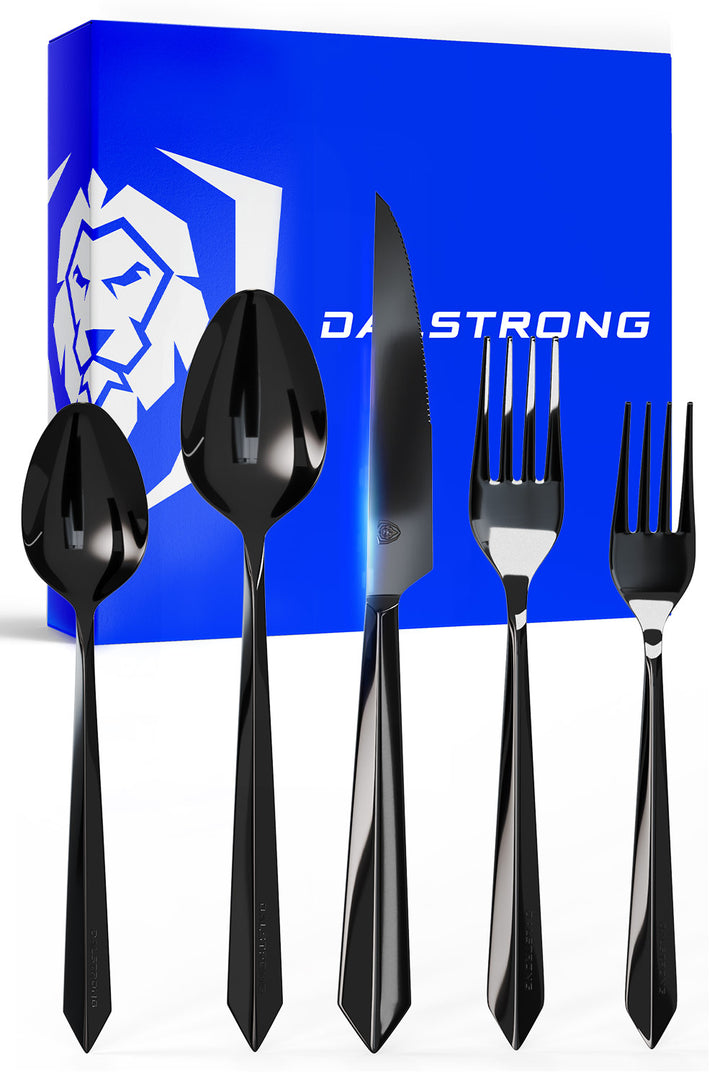 Dalstrong 20 piece flatware cutlery set black stainless steel service of 4 in front of it's premium packaging.