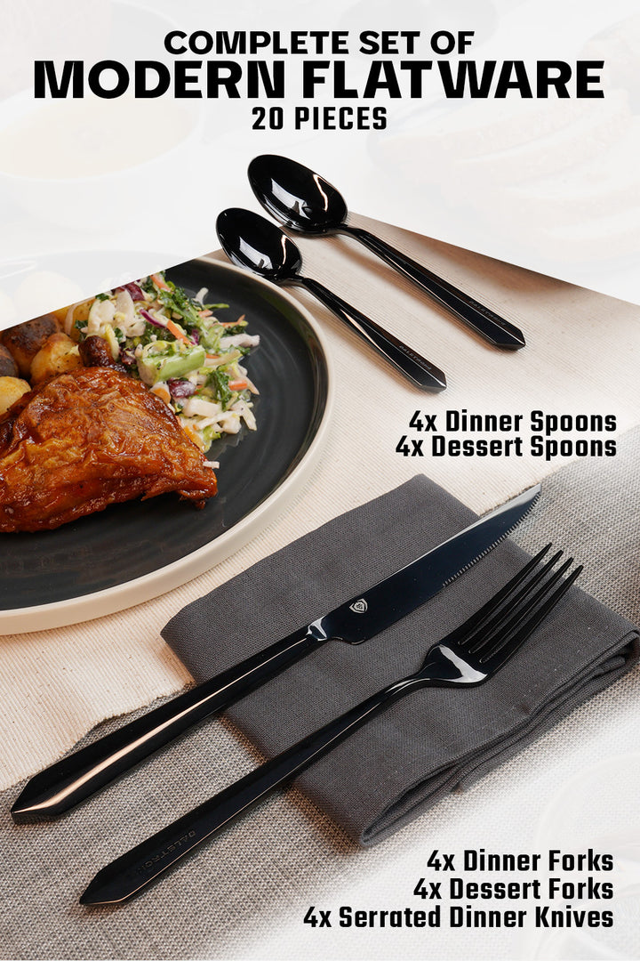 Dalstrong 20 piece flatware cutlery set black stainless steel service of 4 featuring it's complete set of modern flatwares.