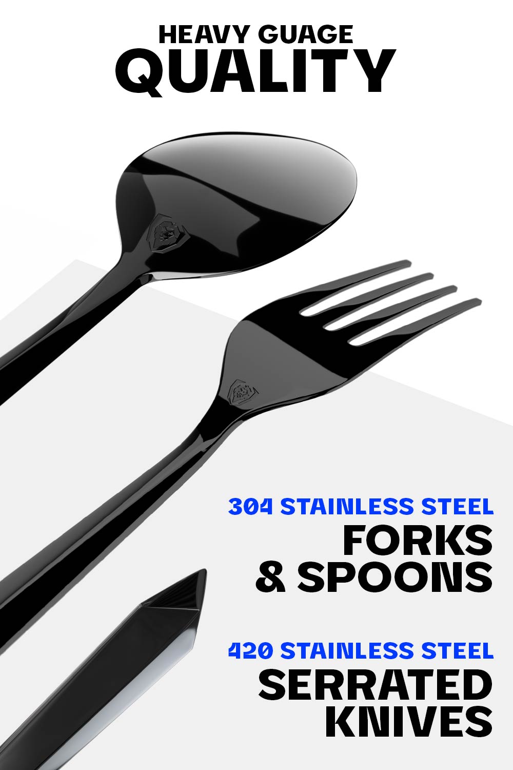 Dalstrong 20 piece flatware cutlery set black stainless steel service of 4 showcasing it's stainless steel forks and spoons.